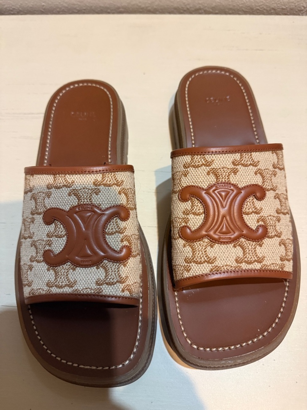 Celine Brown and Beige Triomphe Canvas Slide Sandals